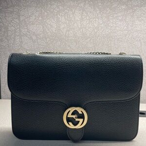 Gucci Black Leather Shoulder Bag with Gold Accent